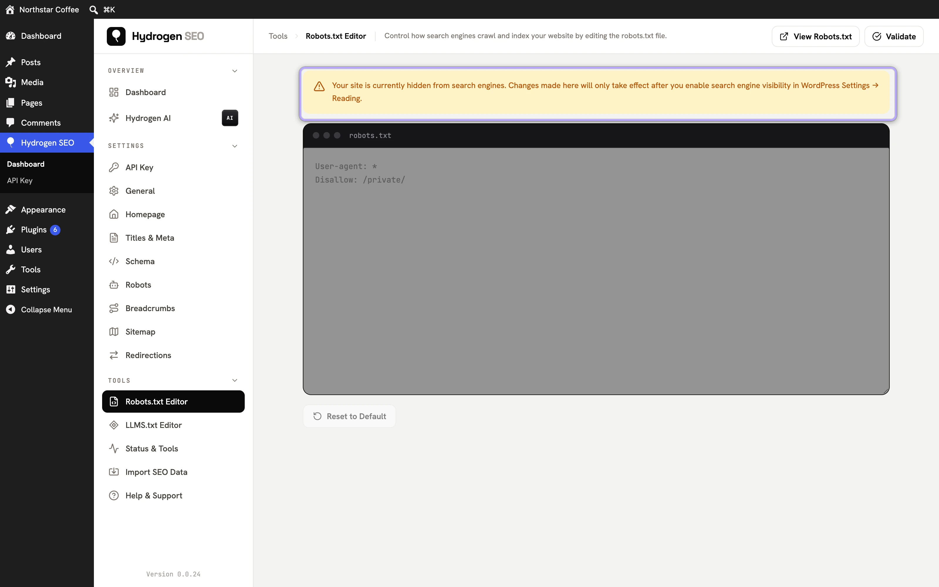 Warning shown when the site is hidden from search engines; the editor is disabled.