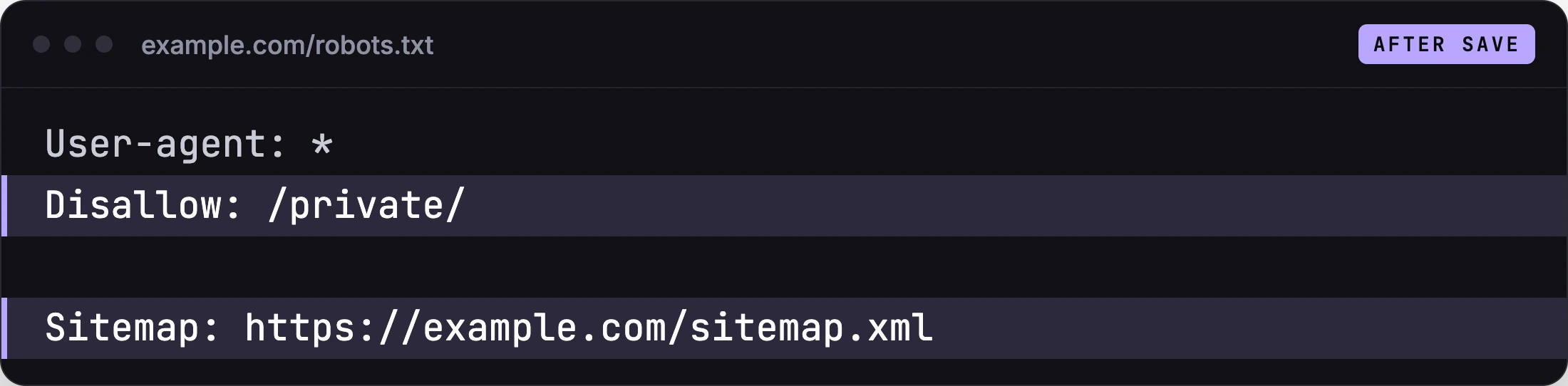 The live robots.txt after saving: Disallow: /private/ plus the automatically added Sitemap: line.