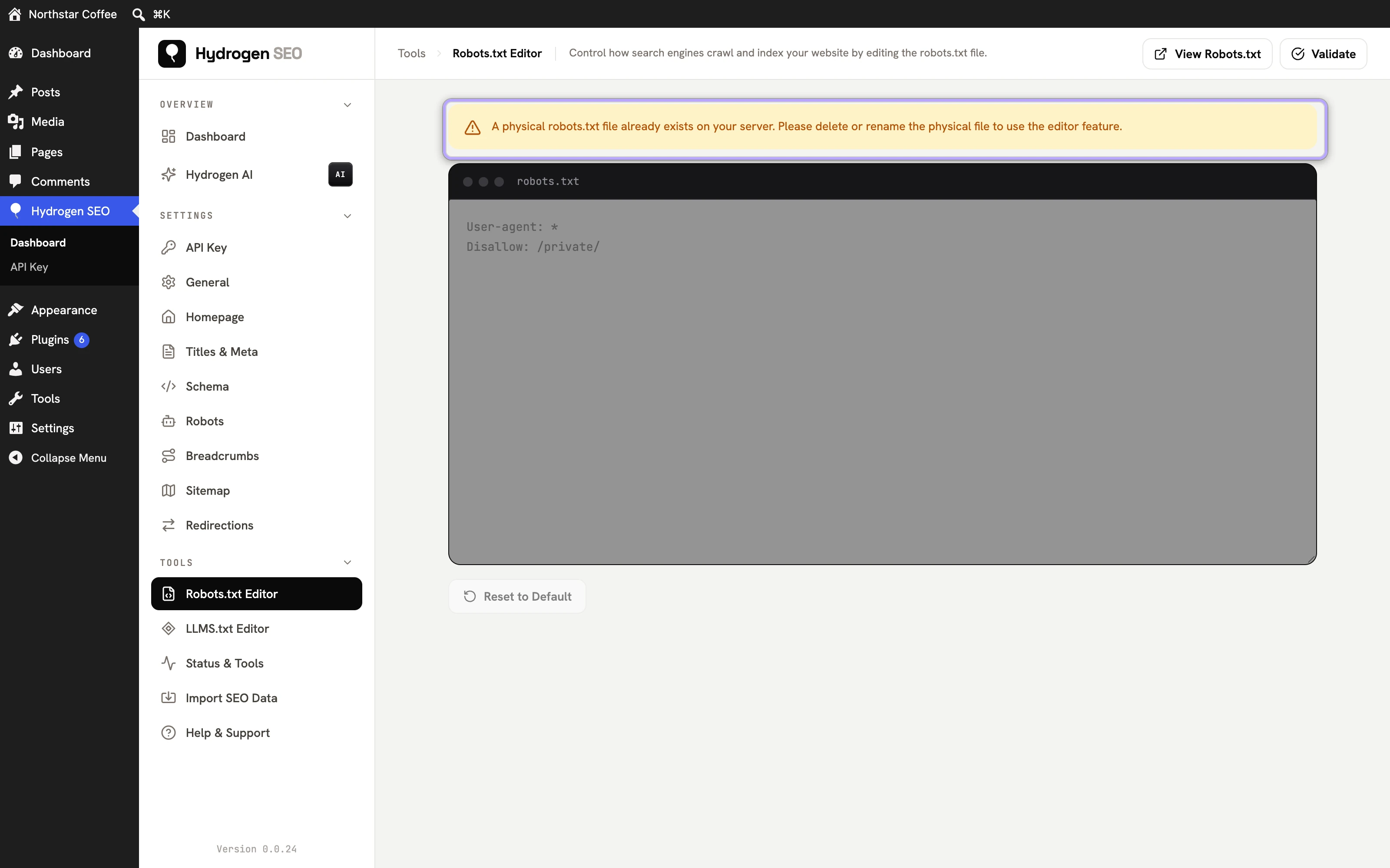Warning shown when a physical robots.txt file exists on the server; the editor is disabled.