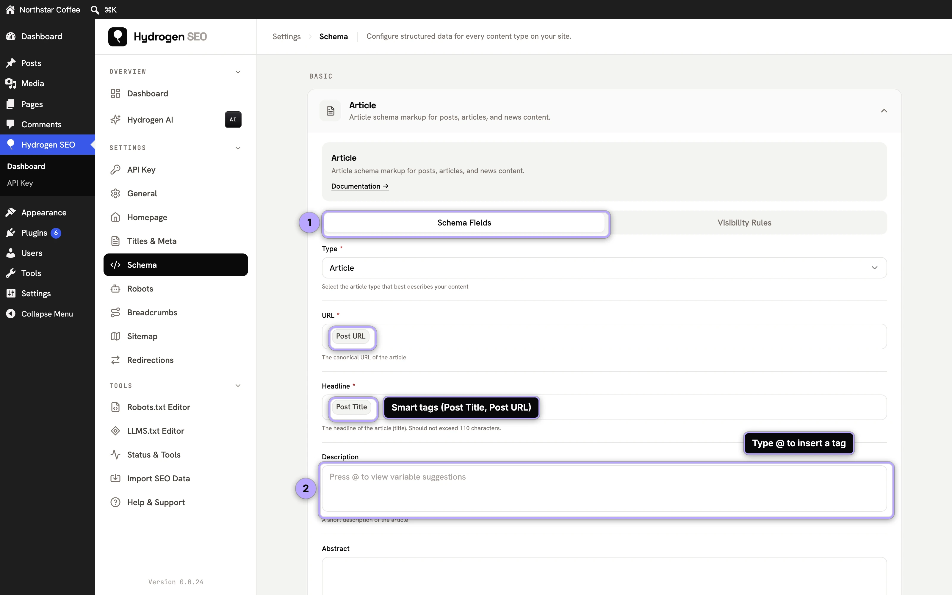 Article type, Schema Fields tab (1) with Post URL and Post Title smart tags; type @ to insert a tag (2).