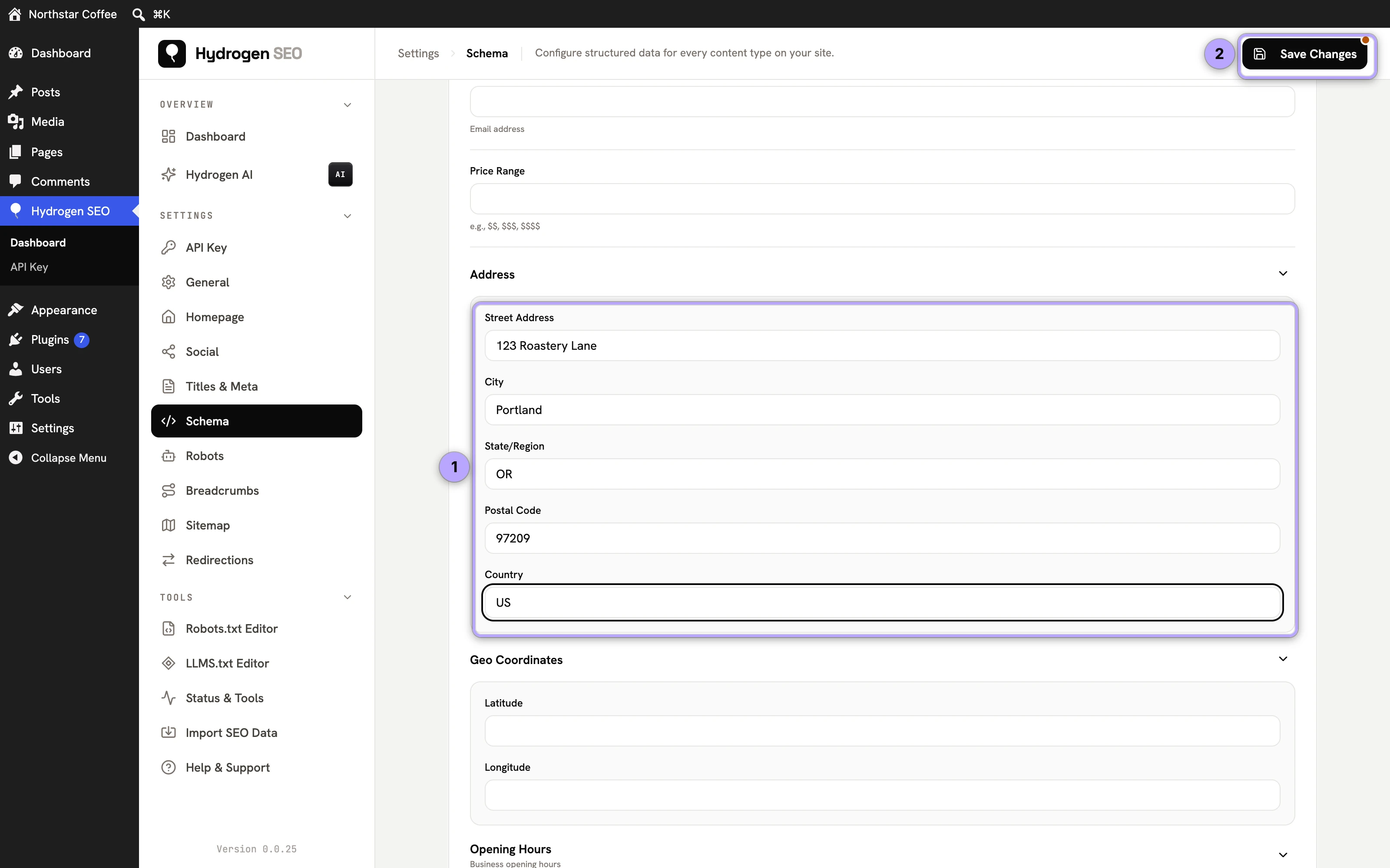 Schema › Local Business with a demo address filled in (1) and Save Changes (2).