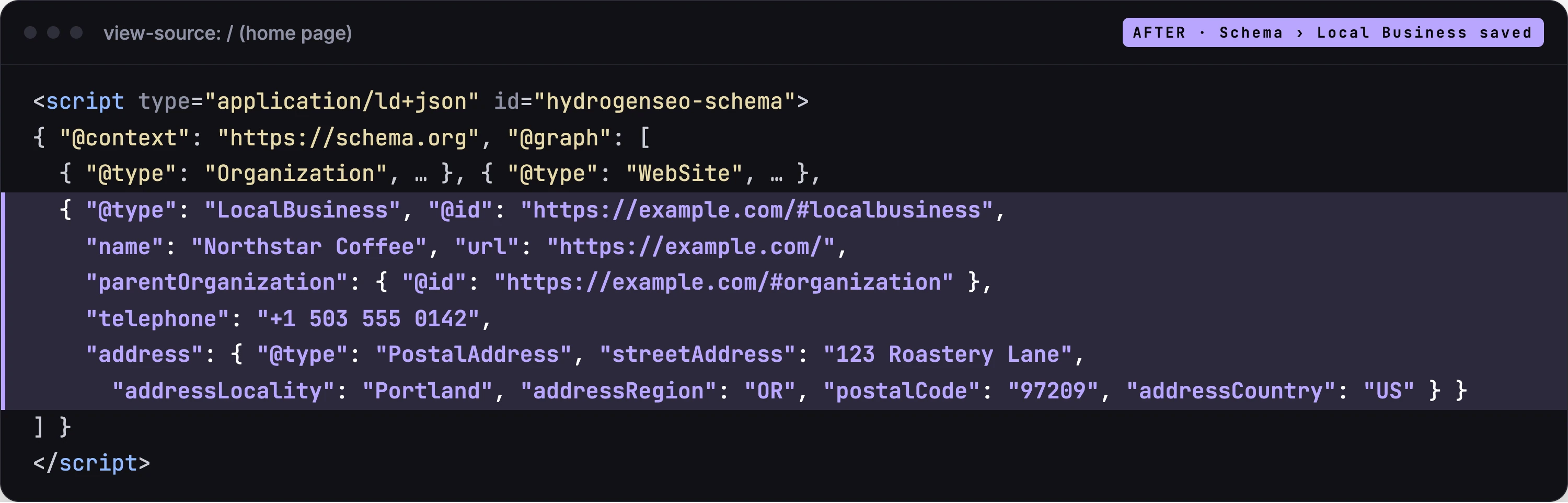 Home page source after saving: the single hydrogenseo-schema JSON-LD block now includes a LocalBusiness node linked to the Organization, with telephone and PostalAddress.
