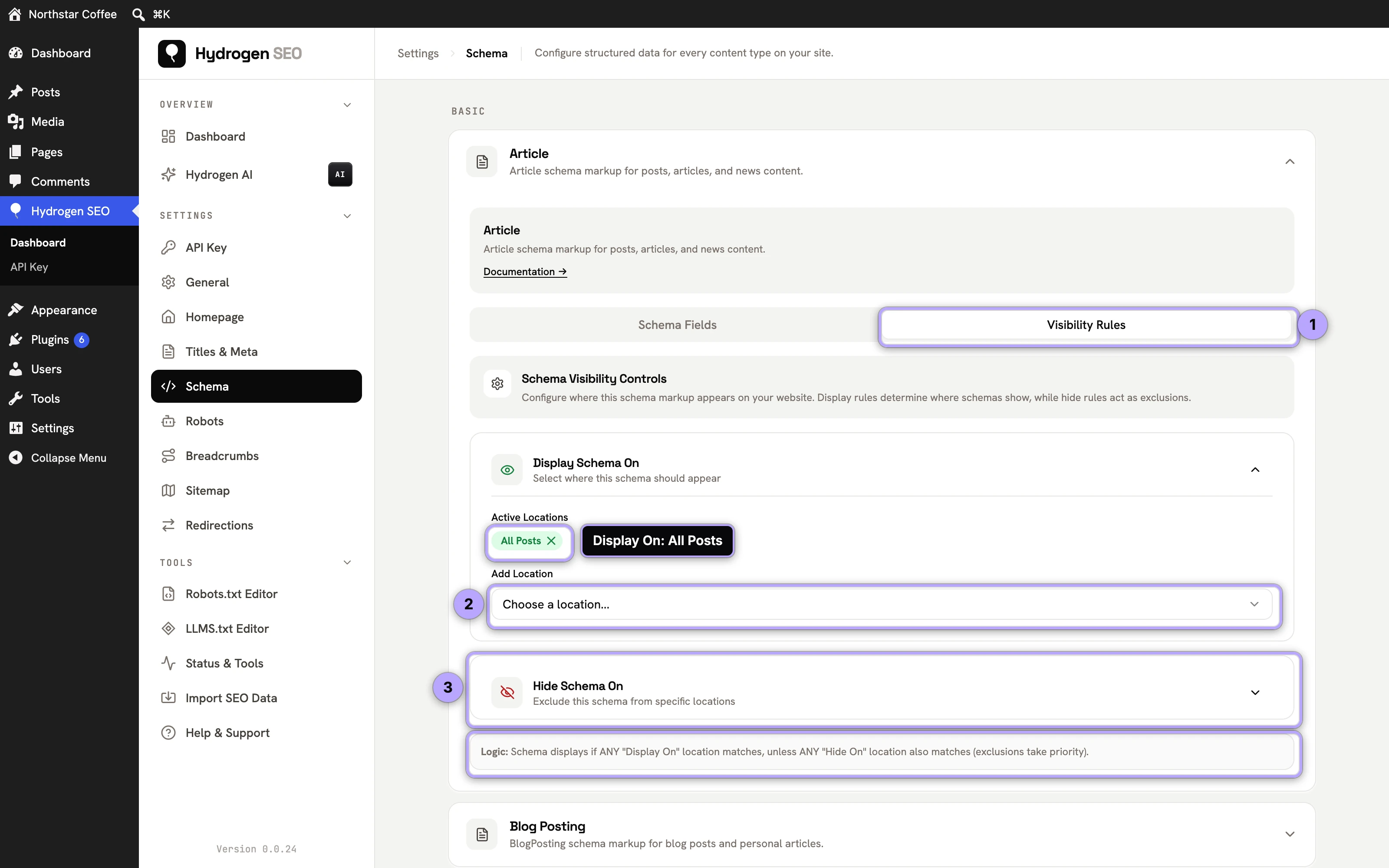 Visibility Rules tab (1): Display On All Posts, Add Location picker (2), Hide On and the exclusion logic (3).