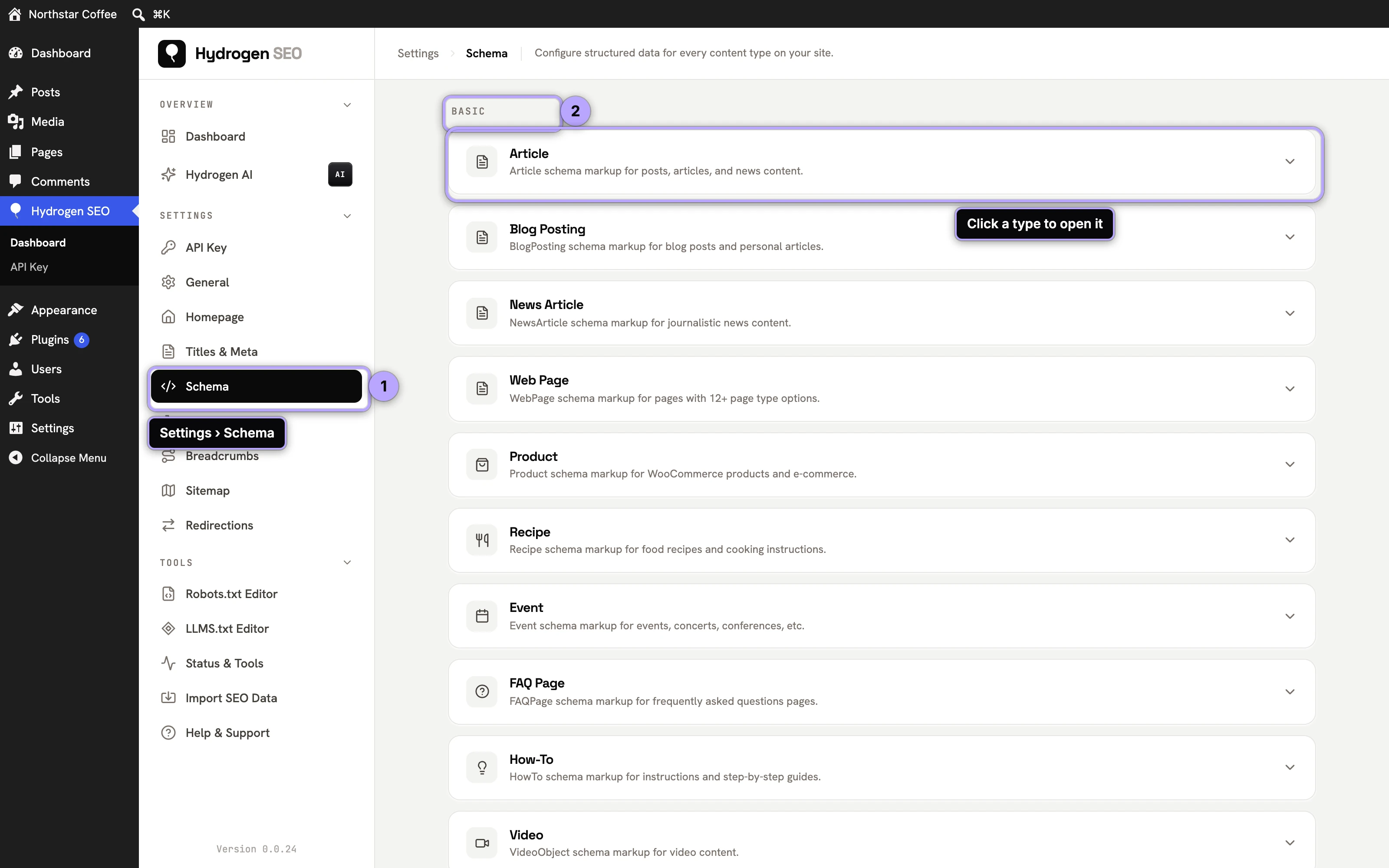 Hydrogen SEO sidebar with Settings › Schema (1) and the schema type categories (2).