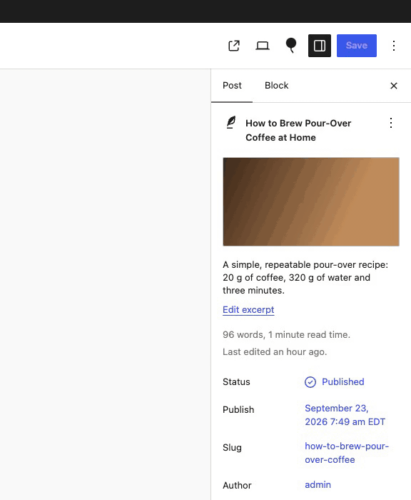 Typing an SEO title and meta description: the search preview and character counts update live, then the sheet auto-saves.