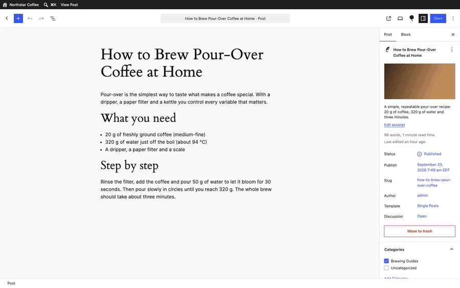 Press ⌘E (Ctrl+E) in the block editor to open the SEO Settings sheet.