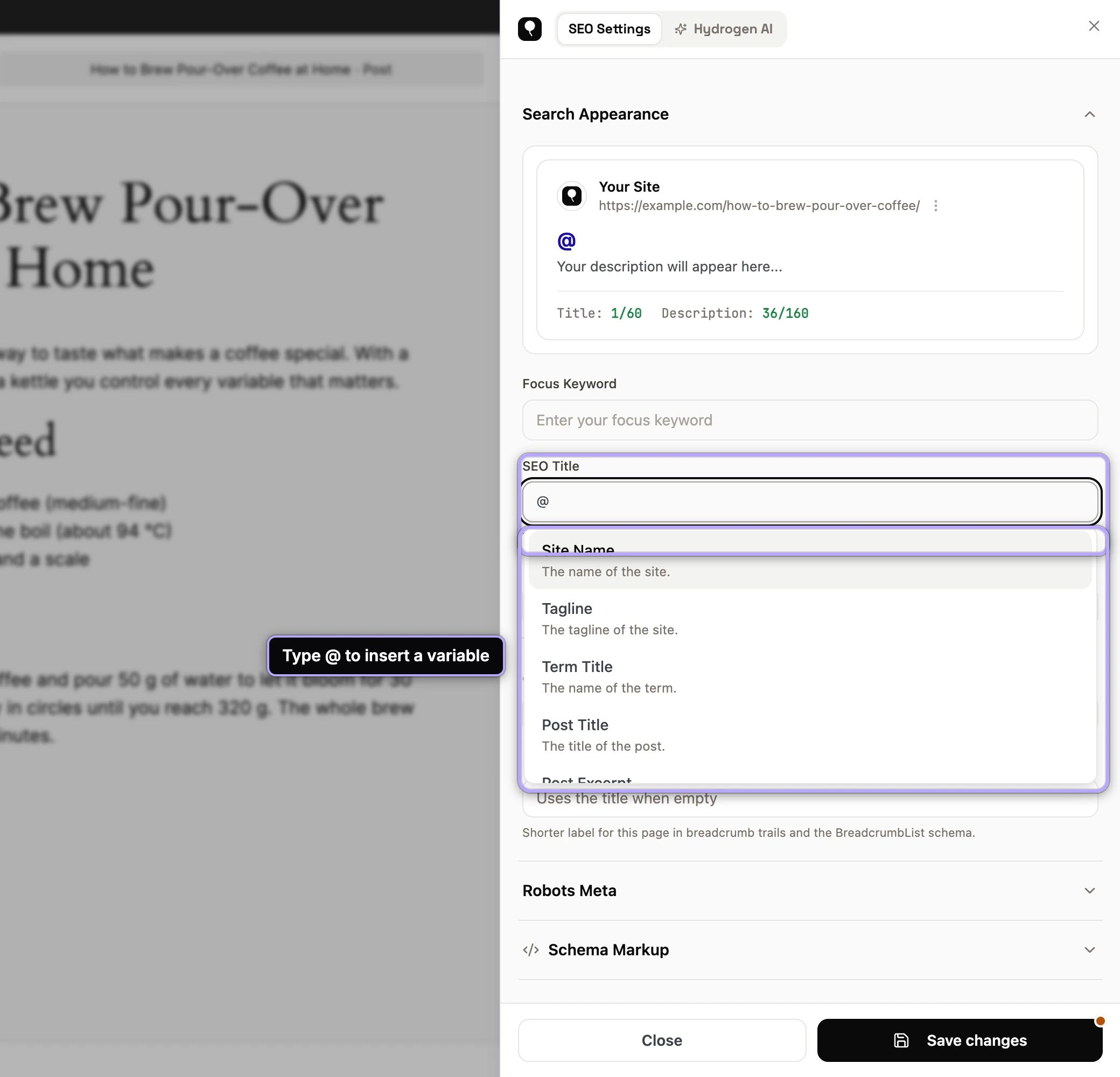 Typing @ in the SEO Title field opens the variable picker (Site Name, Tagline, Post Title…).