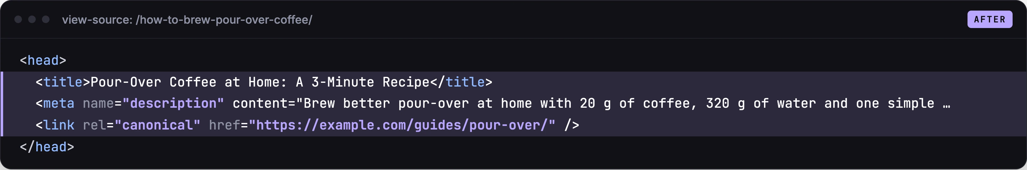 Page source after: the sheet's SEO title, meta description and canonical URL.