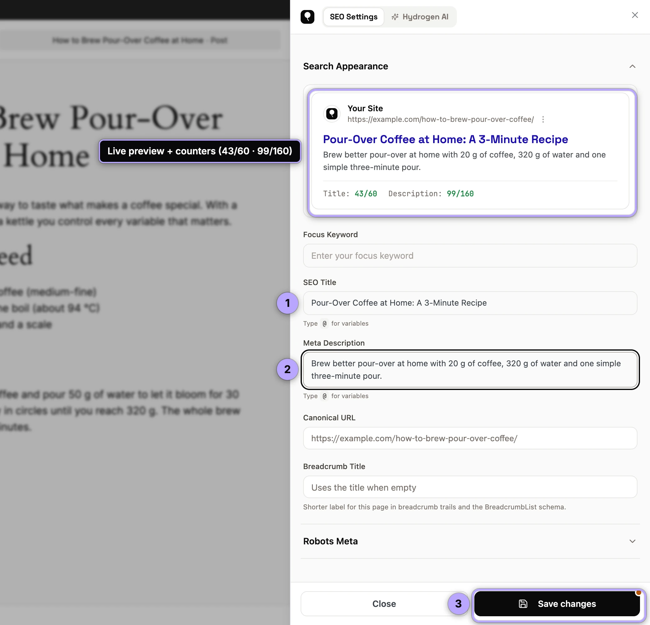 After typing a title (1) and description (2), the preview shows them with counters 43/60 and 99/160; Save changes (3) appears until the auto-save lands.
