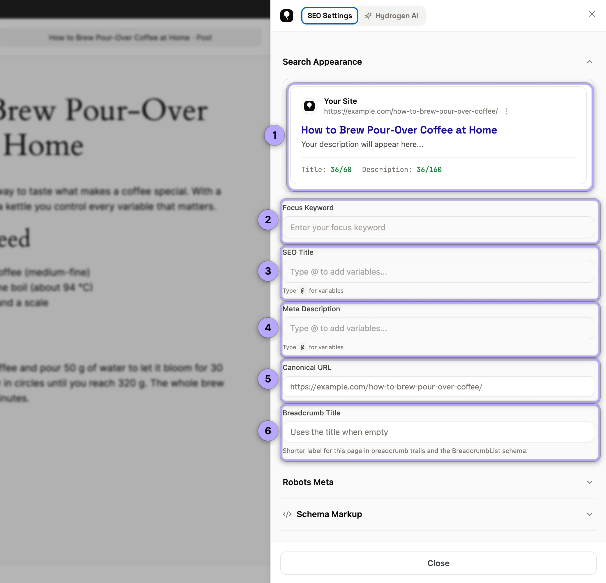 Search Appearance: live search preview (1), Focus Keyword (2), SEO Title (3), Meta Description (4), Canonical URL (5), Breadcrumb Title (6).