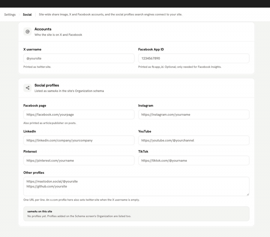 Adding the X username and the Facebook page: the sameAs preview lists both profiles.