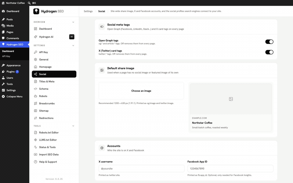 Settings › Social: choosing the default share image from the Media Library; it appears in the share preview.