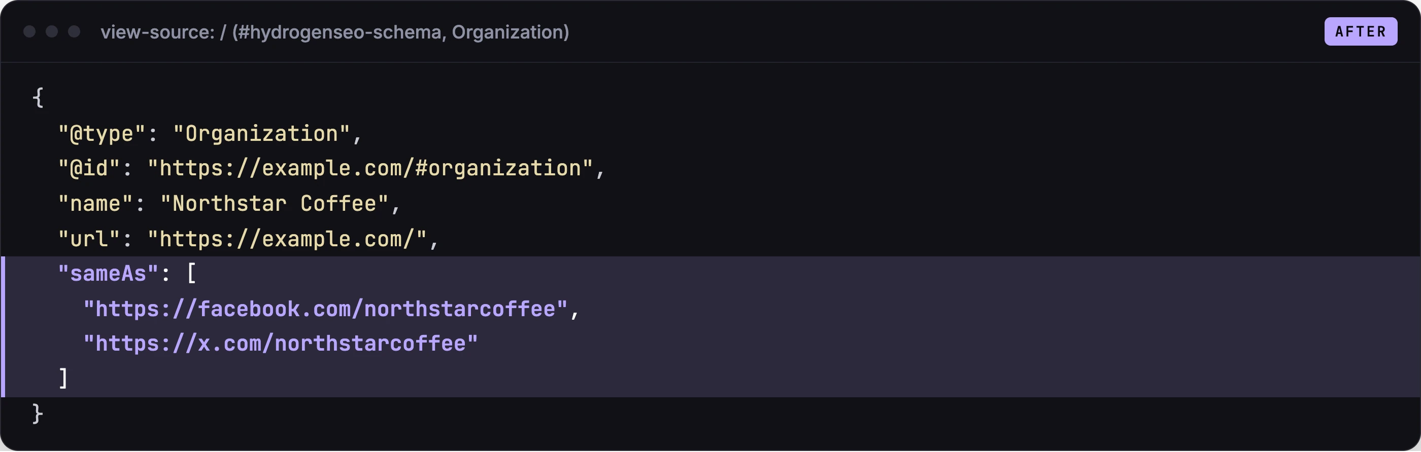 Organization after: sameAs lists the Facebook page and the X profile.