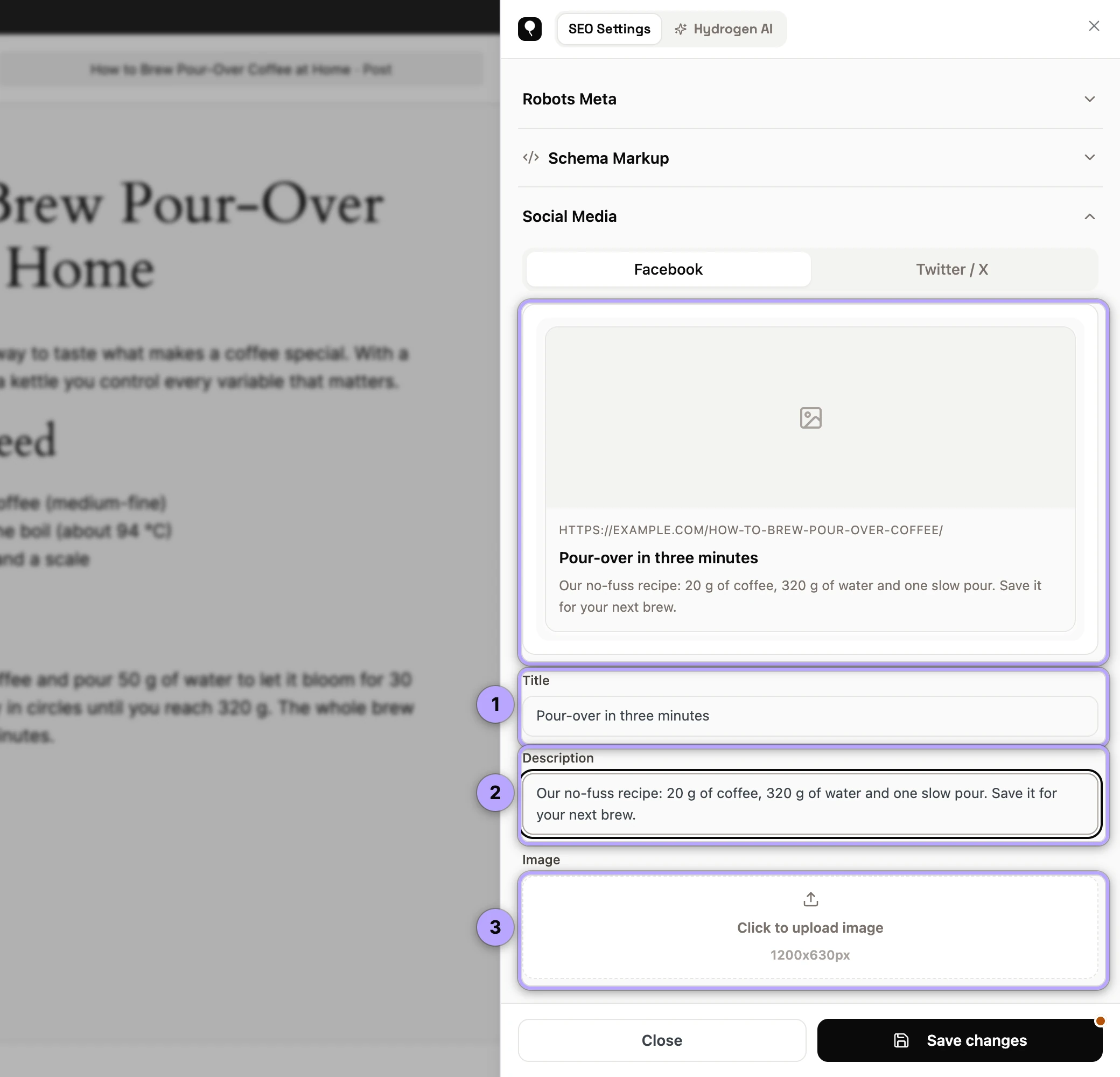Facebook tab with a custom title (1) and description (2); the preview updates; the image box (3) opens the Media Library.