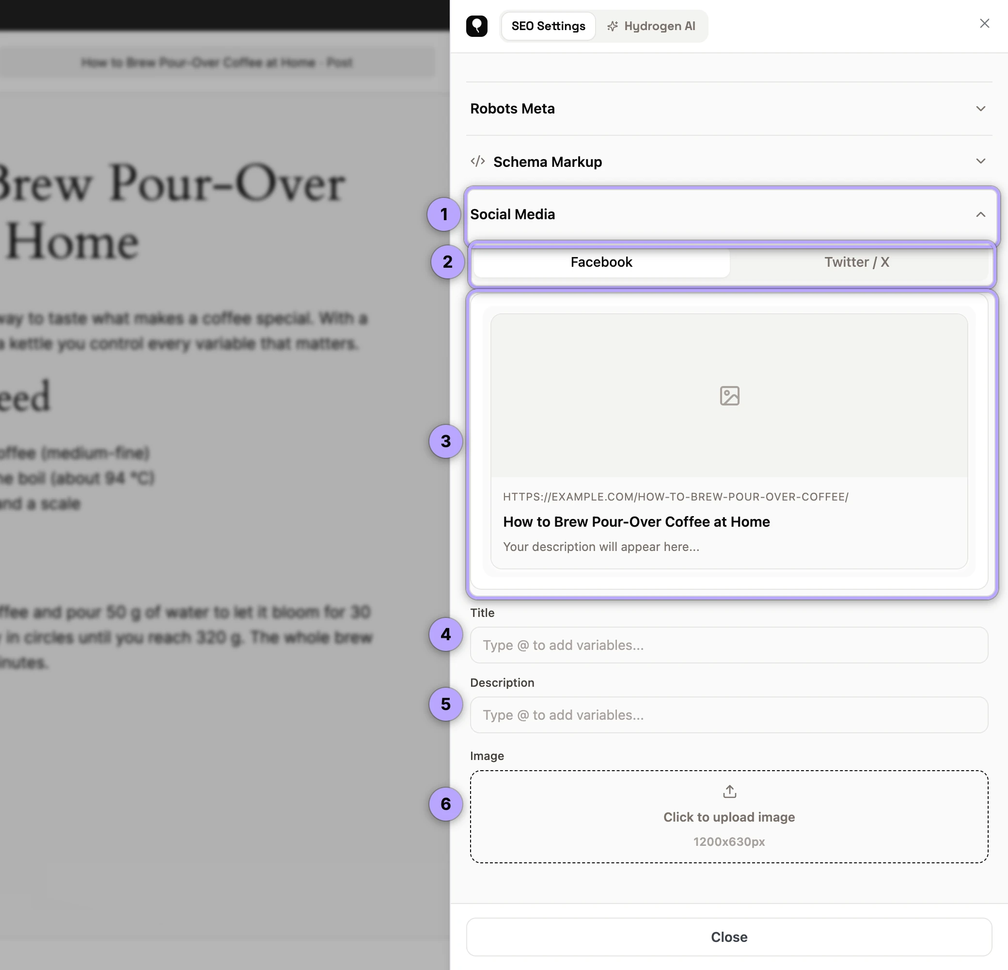 SEO Settings sheet: Social Media section (1), Facebook and Twitter / X tabs (2), live card preview (3), Title (4), Description (5), Image (6).