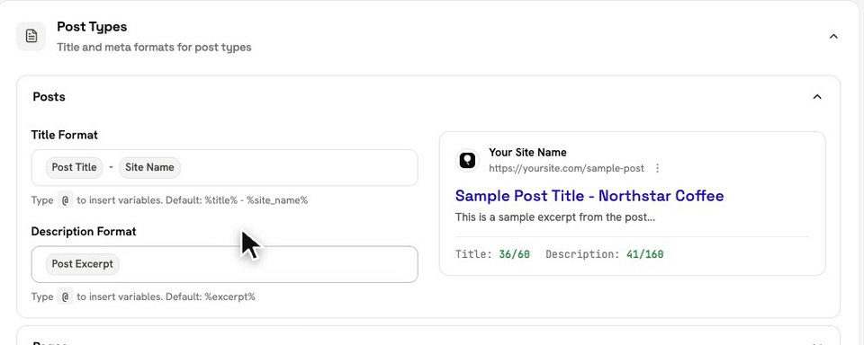 Settings › Titles & Meta › Posts: replacing the dash with a vertical bar and inserting Site Name with the @ picker.