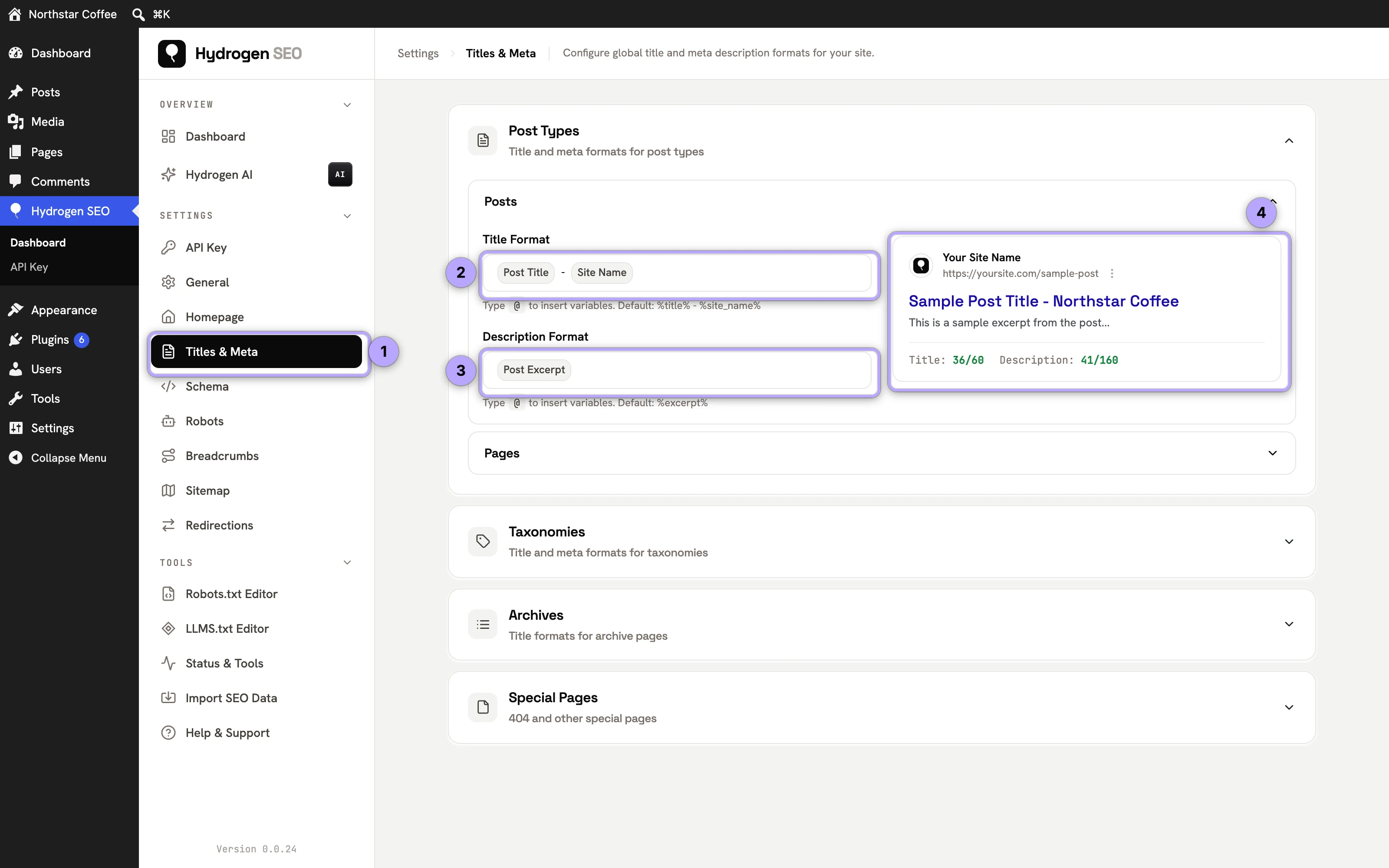 Titles & Meta page: sidebar item (1), Posts Title Format (2), Description Format (3) and live preview (4).
