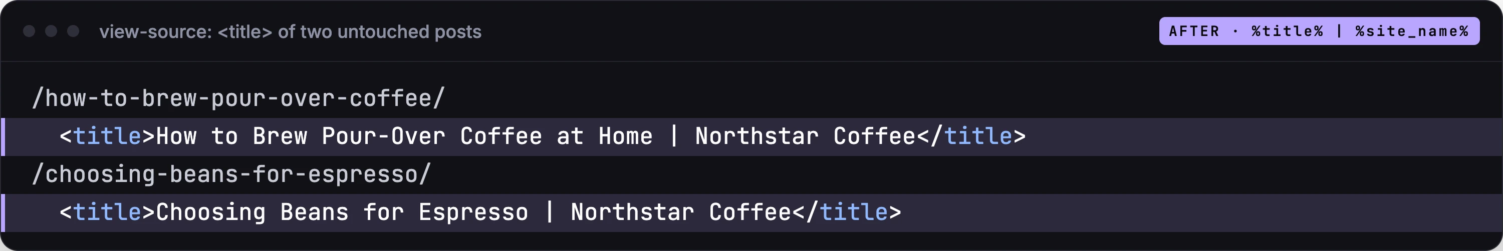 Page source after: both untouched posts' titles use a vertical bar.