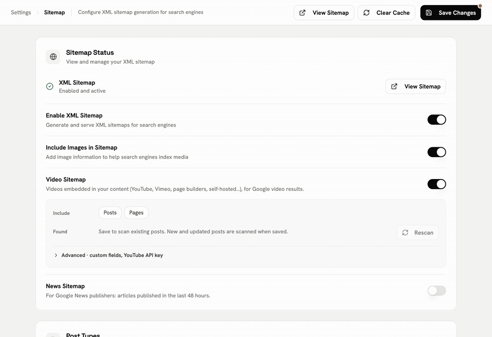 Video Sitemap: switch on, pick Posts under Include, save; Found shows the scan result.