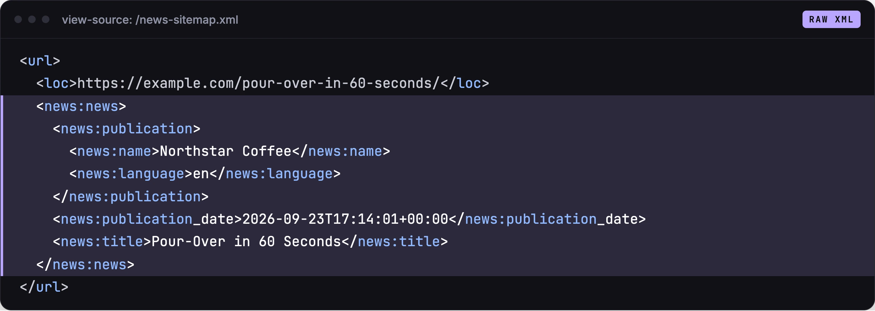 Raw XML of a news sitemap entry: publication name, language, publication date and title.
