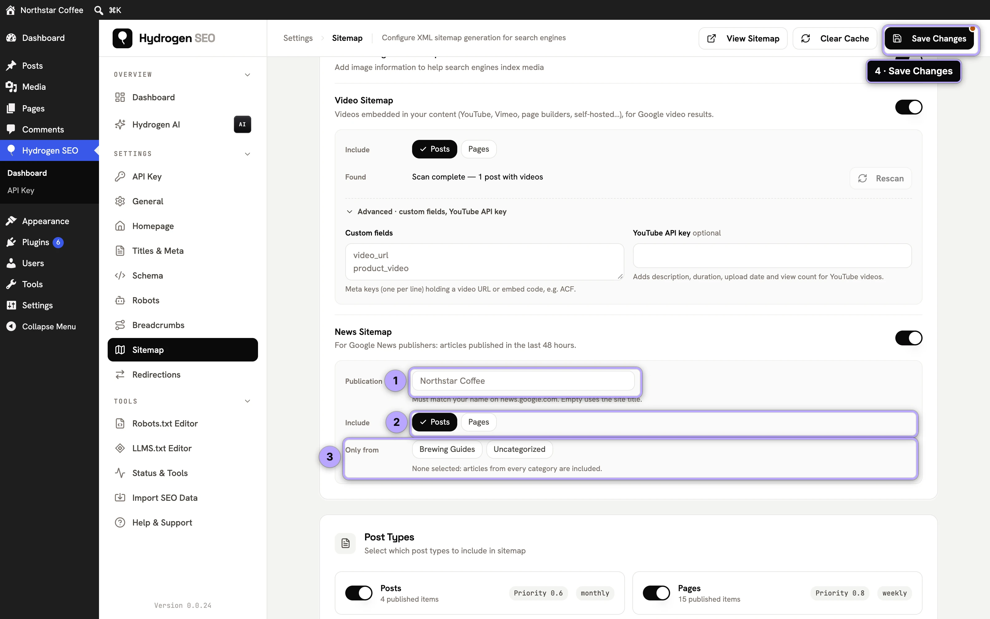 News Sitemap panel: Publication (1), Include (2), Only from (3), then Save Changes (4).