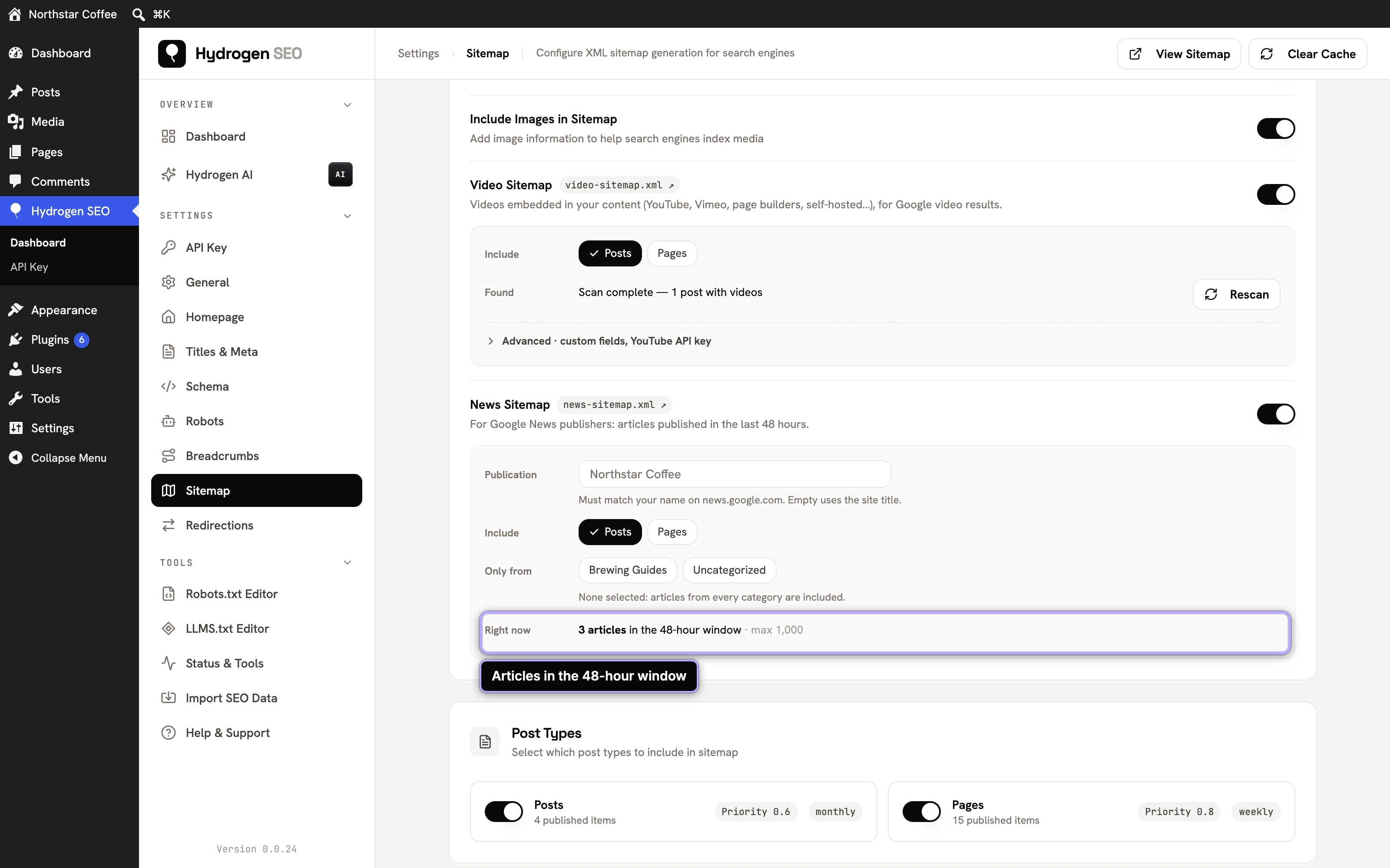 News Sitemap panel after saving: Right now shows the articles in the 48-hour window.
