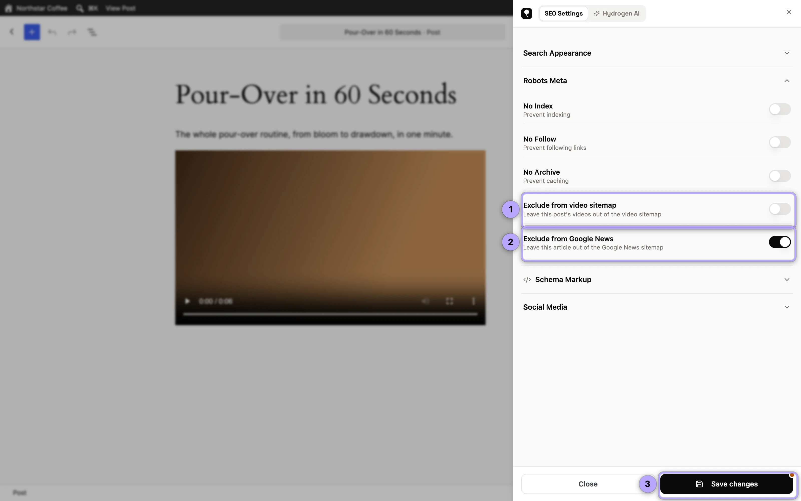SEO Settings sheet, Robots Meta: Exclude from video sitemap (1), Exclude from Google News (2), Save changes (3).
