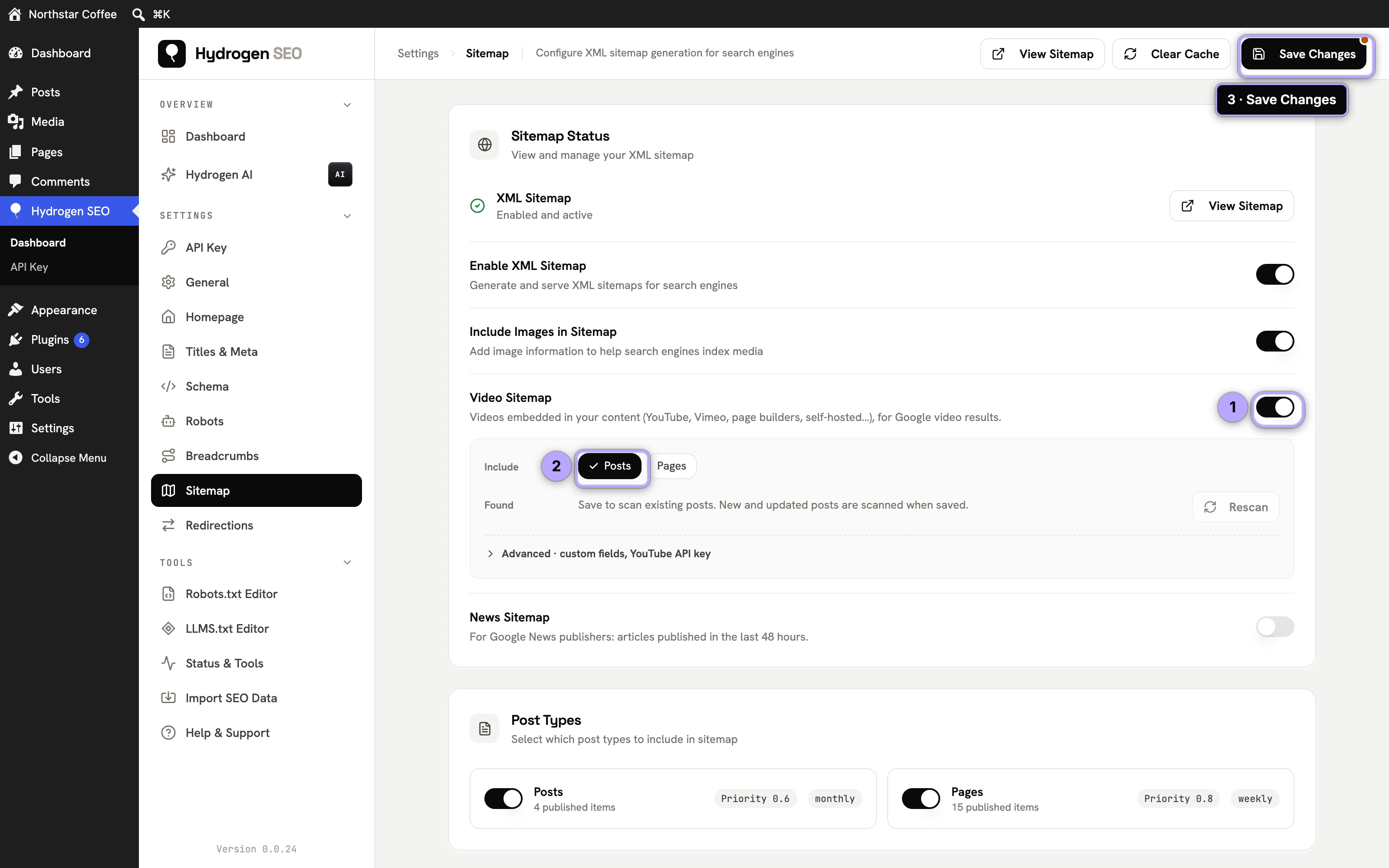 Video Sitemap switched on (1), Posts selected under Include (2), then Save Changes (3).