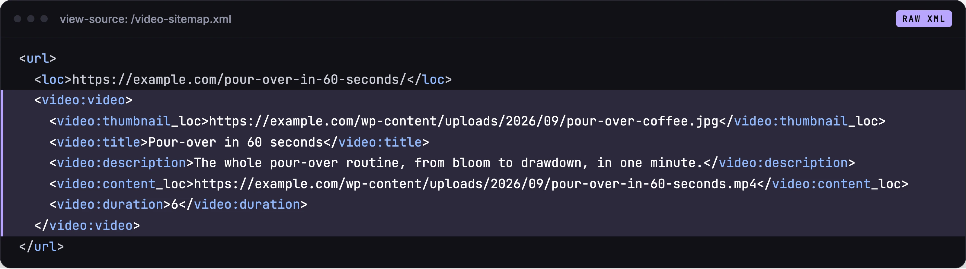 Raw XML of a video sitemap entry: thumbnail, title, description, content URL and duration.