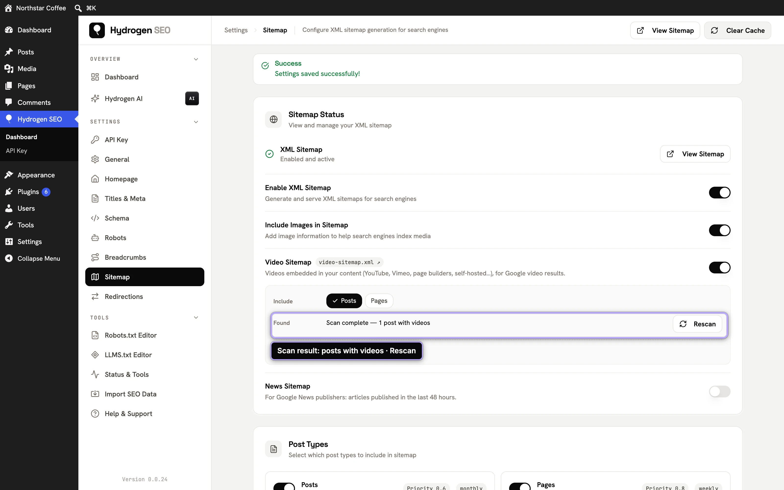 Video Sitemap panel: Found shows 'Scan complete — 1 post with videos' with a Rescan button.