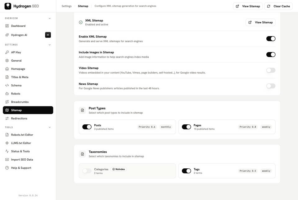 Settings › Sitemap: switching Tags off, then Save Changes.
